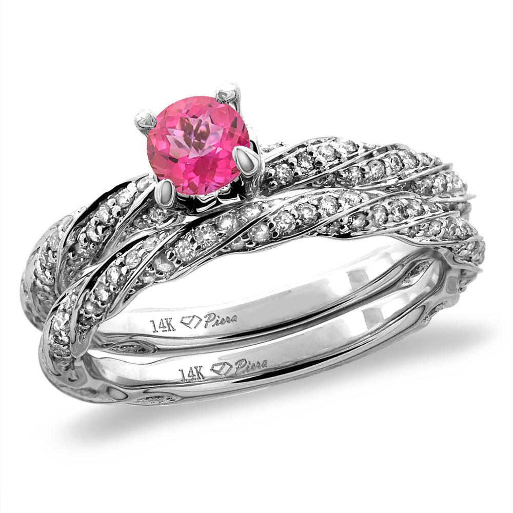 14K White/Yellow Gold Diamond Natural Pink Topaz 2pc Twisted Engagement Ring Set Round 4 mm, size5-10