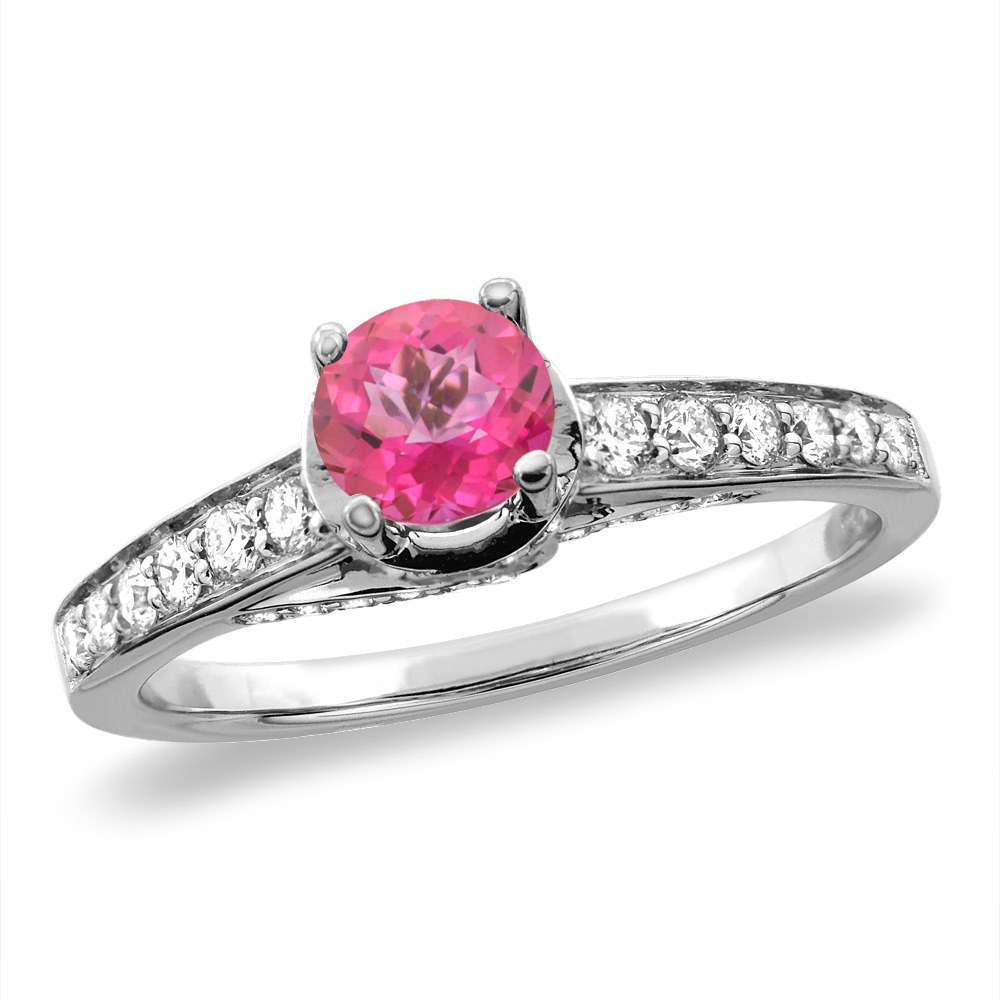 14K White/Yellow Gold Diamond Natural Pink Topaz Engagement Ring Round 4 mm, sizes 5 -10