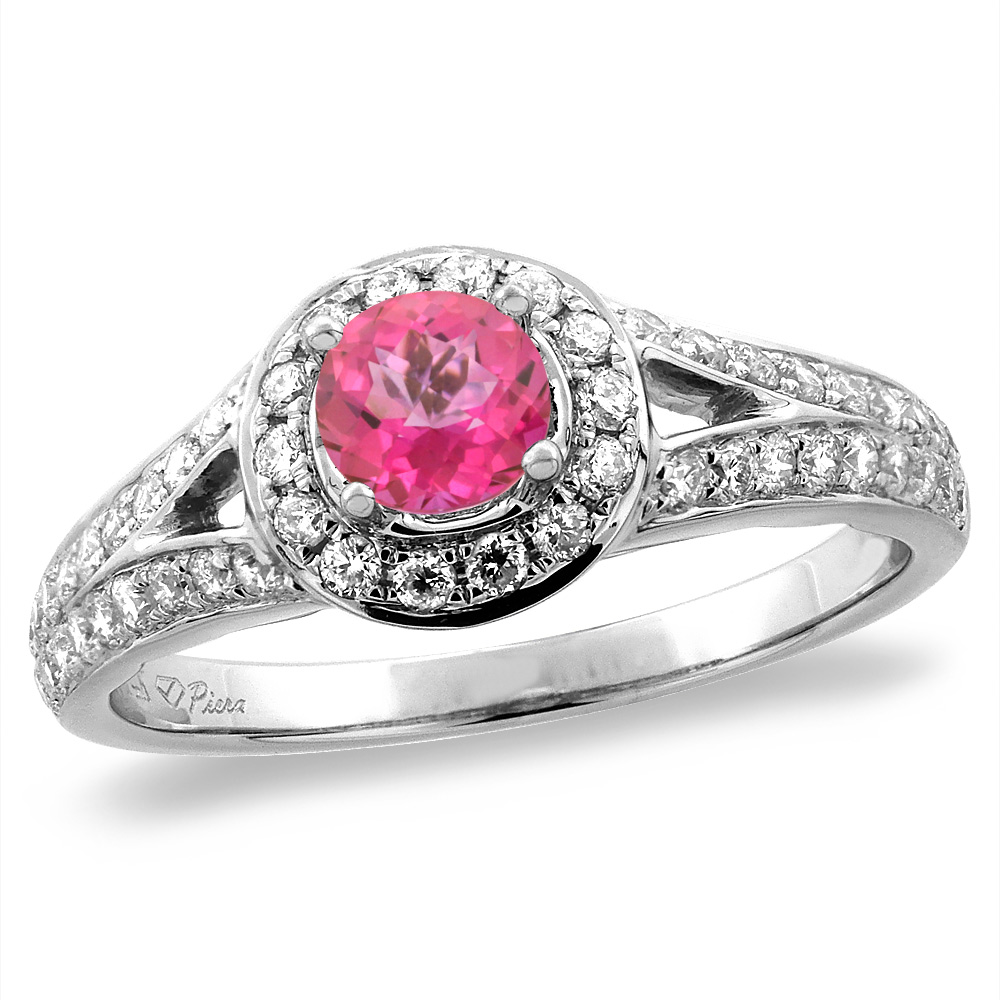 14K White/Yellow Gold Diamond Natural Pink Topaz Halo Engagement Ring Round 4 mm, sizes 5 -10