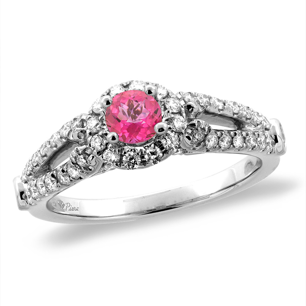 14K White/Yellow Gold Diamond Natural Pink Topaz Halo Engagement Ring Round 4 mm, sizes 5 -10