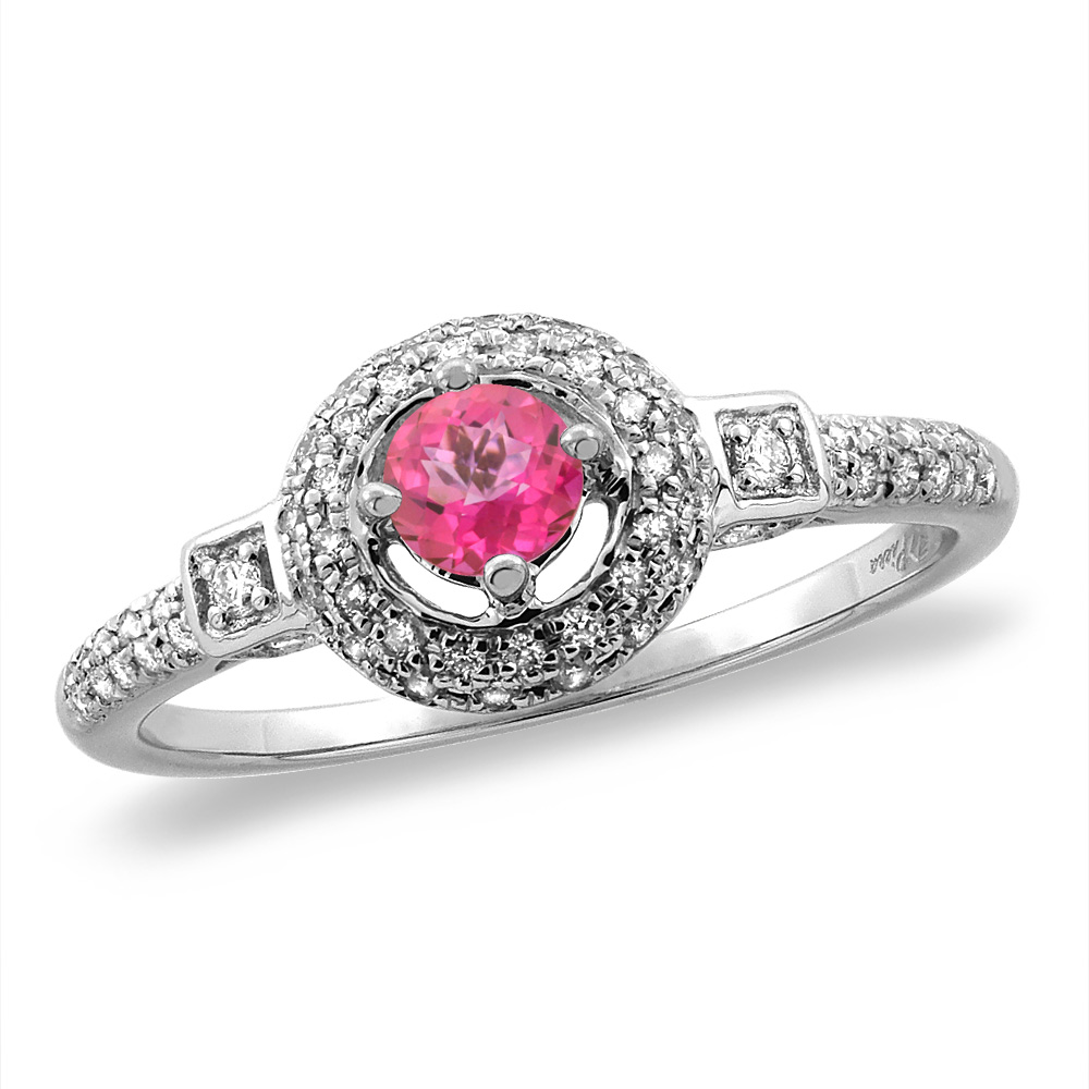 14K White/Yellow Gold Diamond Natural Pink Topaz Halo Engagement Ring Round 4 mm, sizes 5 -10