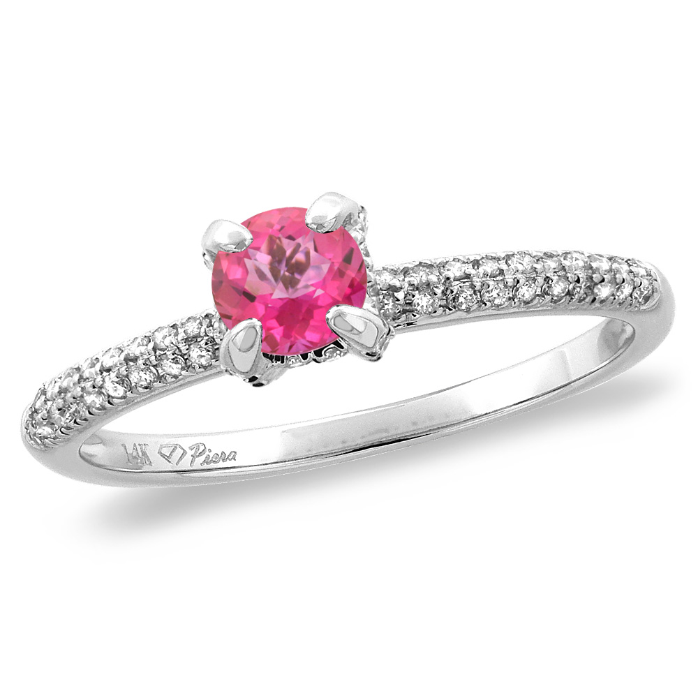 14K White/Yellow Gold Diamond Natural Pink Topaz Solitaire Engagement Ring Round 4 mm, sizes 5 -10