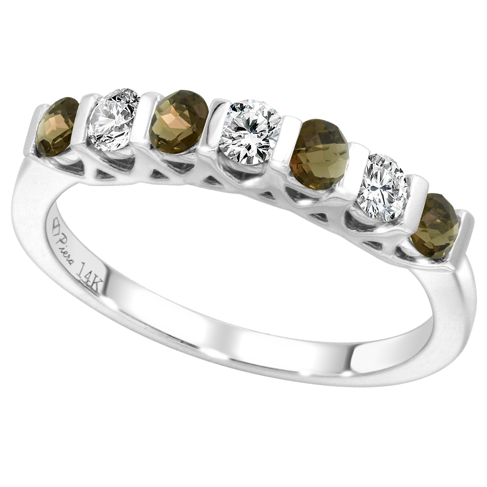 14k White Gold Genuine Smoky Topaz & Diamond 7-Stone Ring Round Brilliant cut 0.3cttw 2.8mm, size 5-10