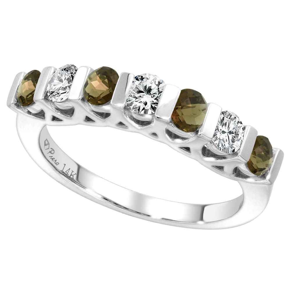 14k White Gold Genuine Smoky Topaz and Diamond 7-Stone Ring Round Brilliant cut 0.35cttw 3mm, size 5-10