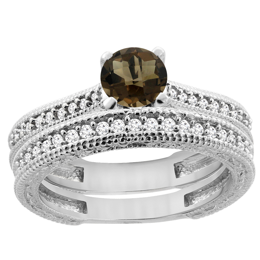 14K White Gold Natural Smoky Topaz Round 5mm Engraved Engagement Ring 2-piece Set Diamond Accents, sizes 5 - 10
