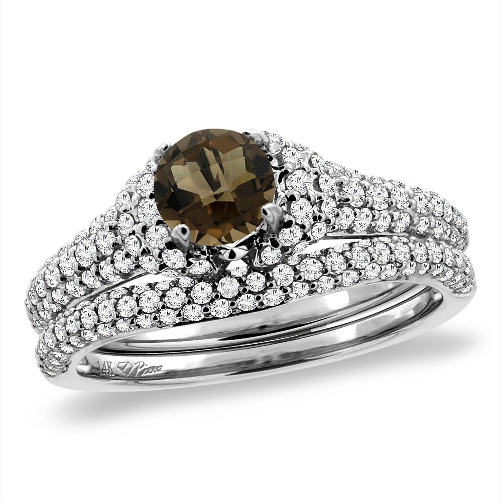 14K White Gold Diamond Natural Smoky Topaz 2pc Engagement Ring Set Round 5 mm, sizes 5-10
