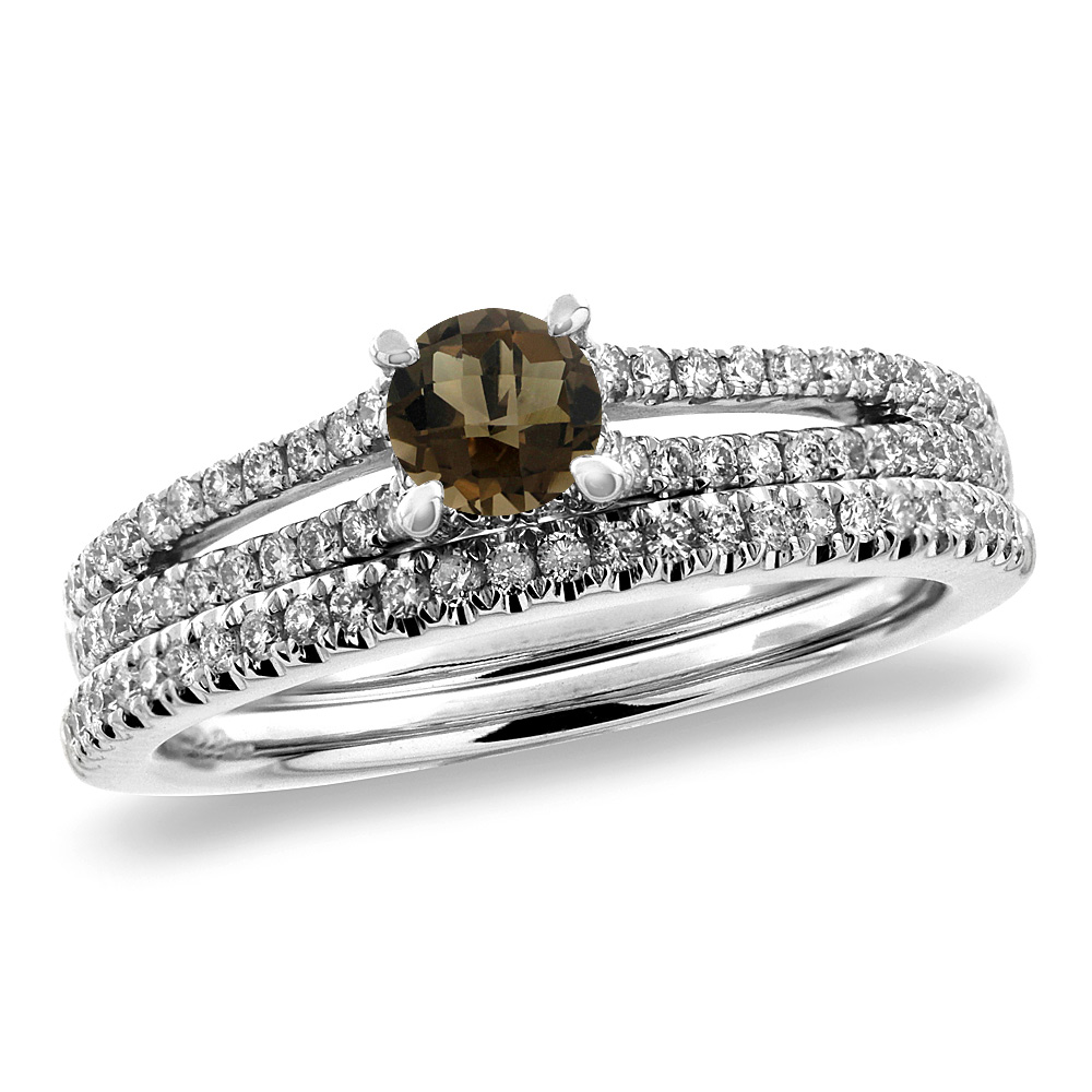 14K White Gold Diamond Natural Smoky Topaz 2pc Engagement Ring Set Round 5 mm, sizes 5-10