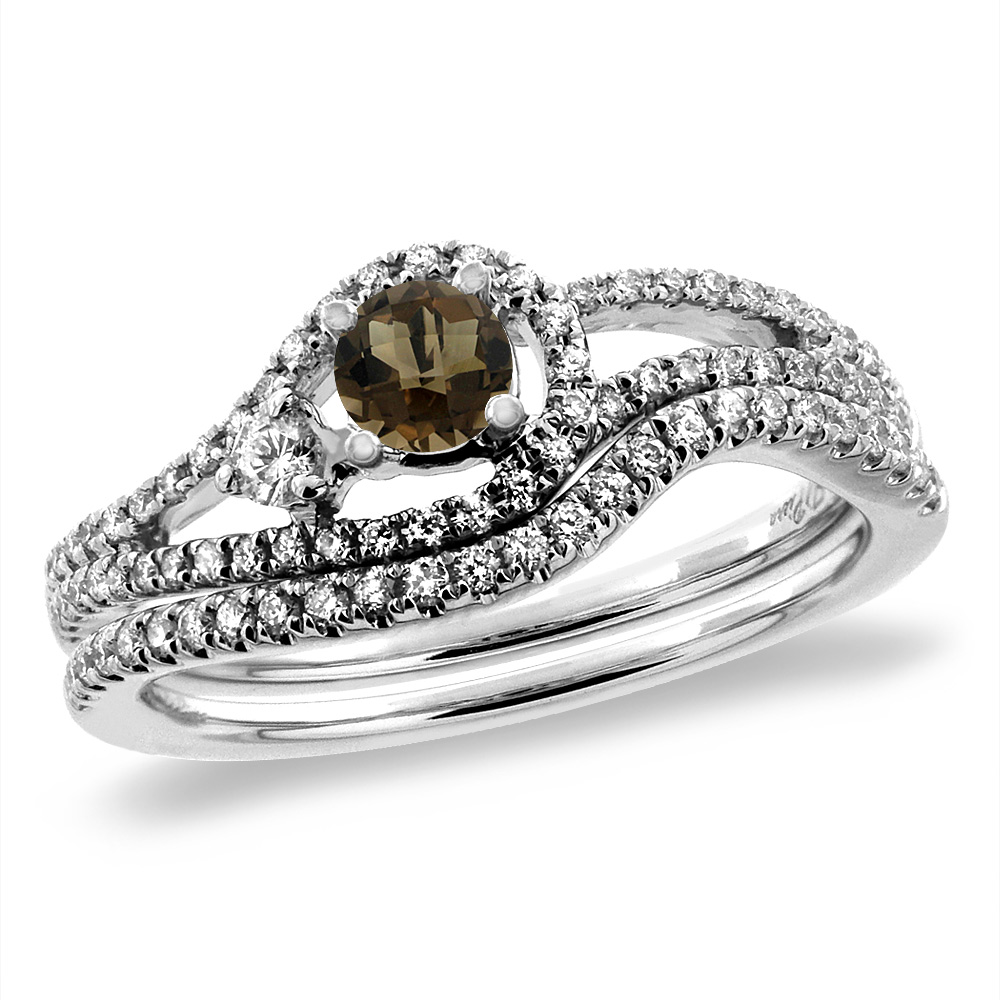 14K White Gold Diamond Natural Smoky Topaz 2pc Engagement Ring Set Round 5 mm, sizes 5-10