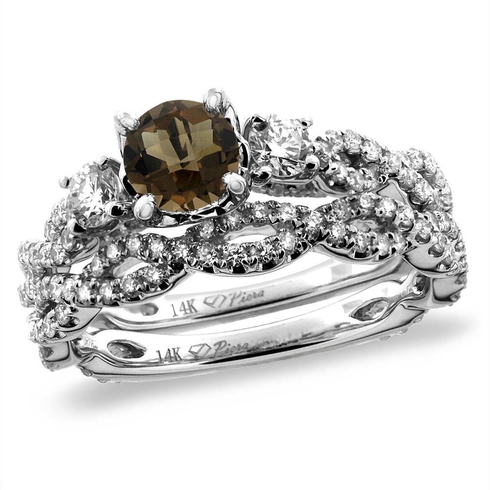 14K White/Yellow Gold Diamond Natural Smoky Topaz 2pc Infinity Engagement Ring Set Round 5 mm, sizes 5-10