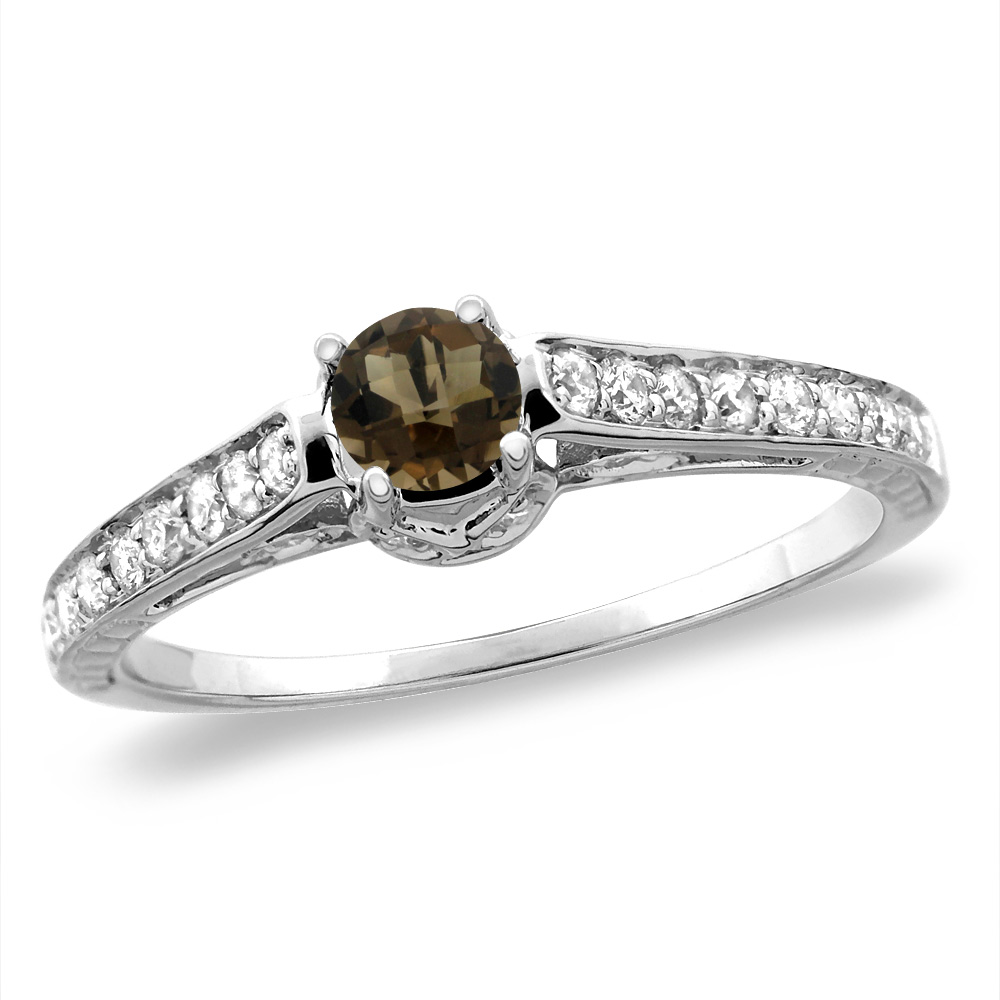 14K White/Yellow Gold Diamond Natural Smoky Topaz Engagement Ring Round 5 mm, sizes 5-10
