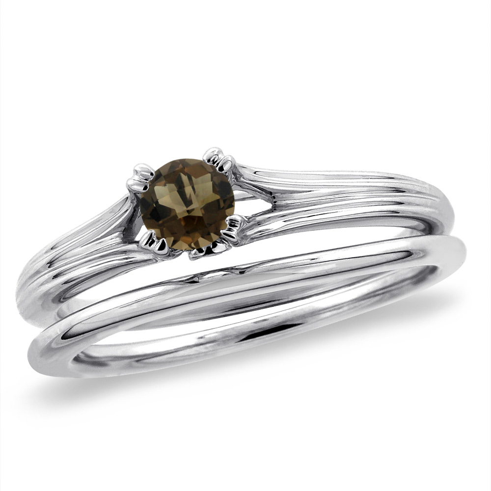 14K White Gold Diamond Natural Smoky Topaz 2pc Solitaire Engagement Ring Set Round 4 mm, size5-10