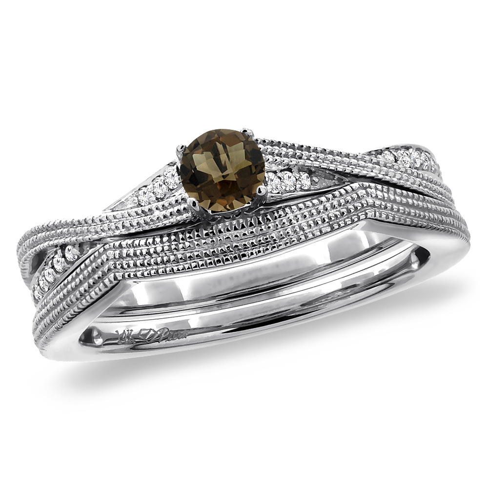 14K White Gold Diamond Natural Smoky Topaz 2pc Engagement Ring Set Round 4 mm, sizes 5 - 10