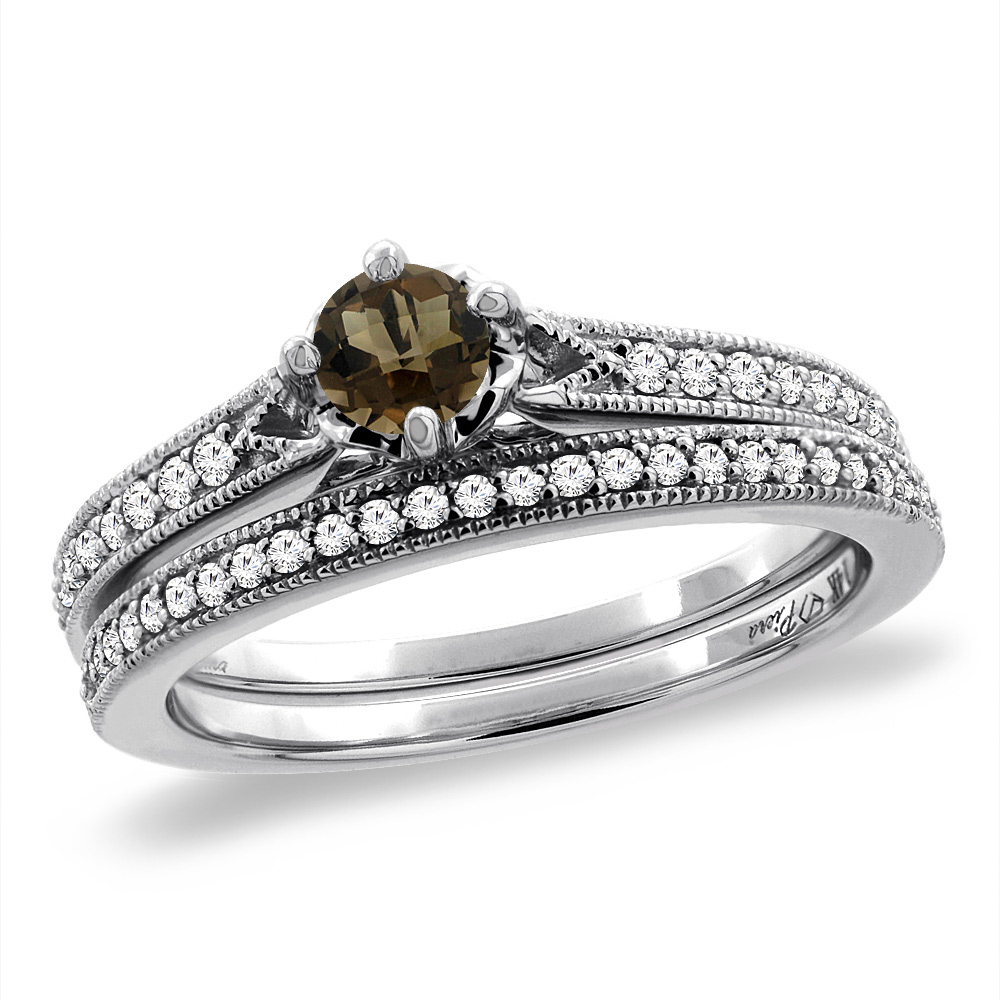 14K White Gold Diamond Natural Smoky Topaz 2pc Engagement Ring Set Round 4 mm, sizes 5 - 10
