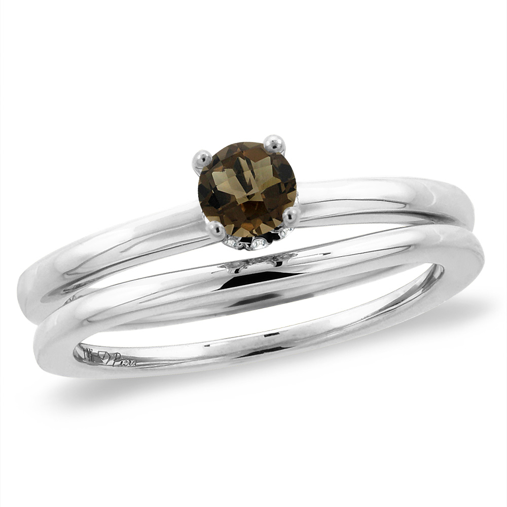 14K White Gold Diamond Natural Smoky Topaz 2pc Solitaire Engagement Ring Set Round 4 mm, size5-10
