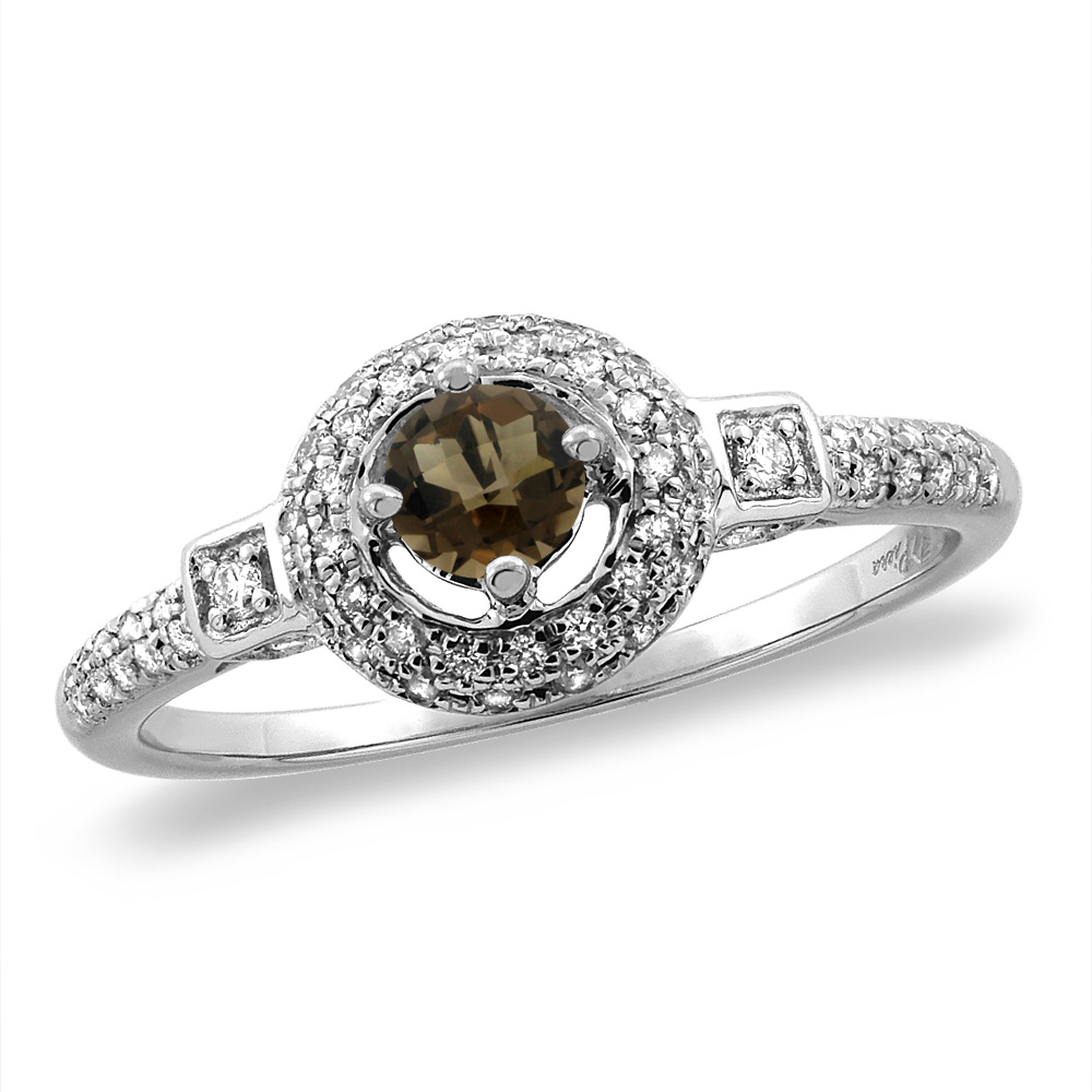 14K White/Yellow Gold Diamond Natural Smoky Topaz Halo Engagement Ring Round 4 mm, sizes 5 -10