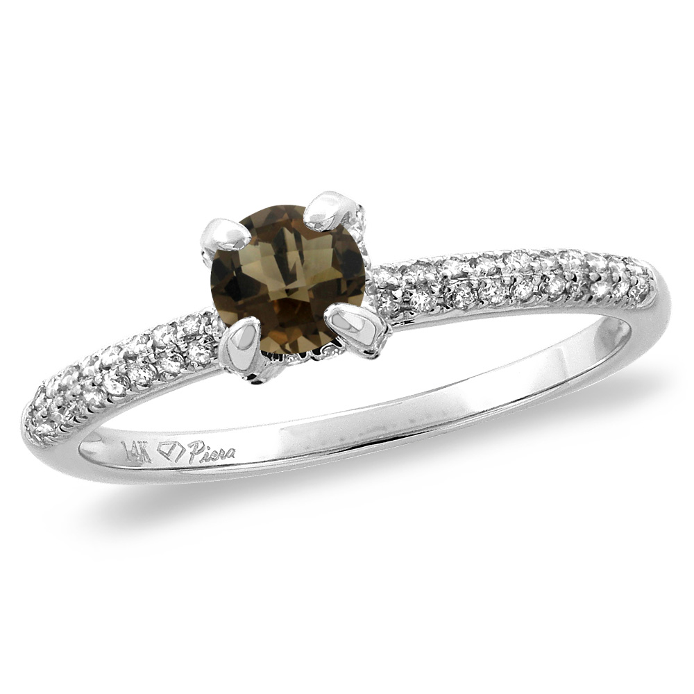 14K White/Yellow Gold Diamond Natural Smoky Topaz Solitaire Engagement Ring Round 4 mm, sizes 5 -10