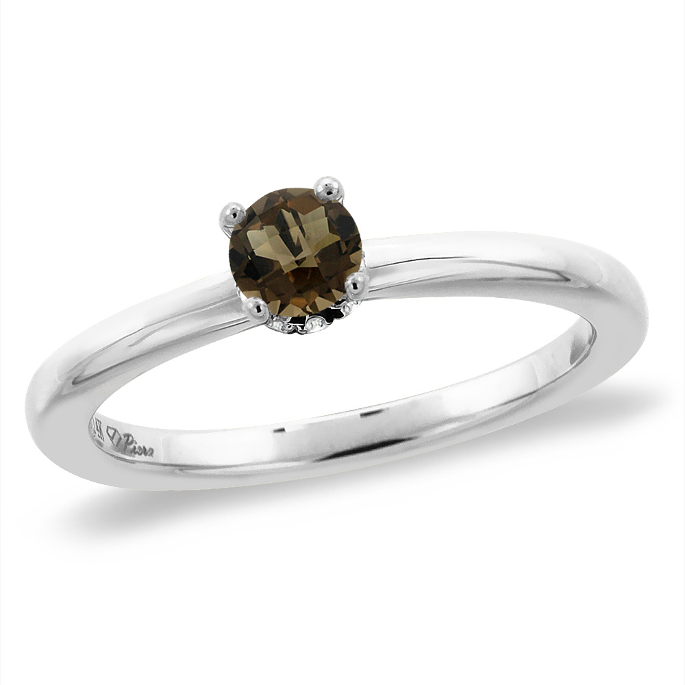 14K White Gold Diamond Natural Smoky Topaz Solitaire Engagement Ring Round 4 mm, sizes 5 -10