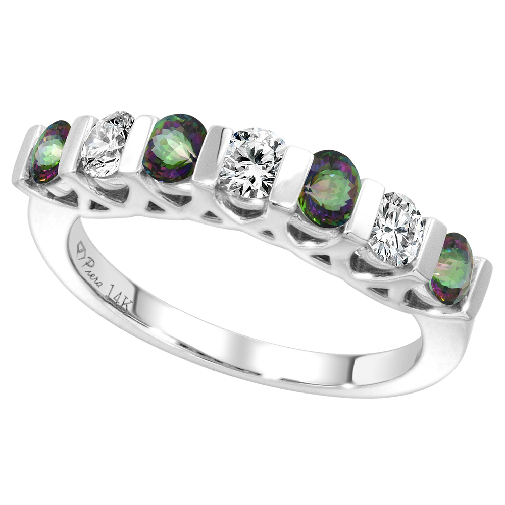 14k White Gold Genuine Mystic Topaz and Diamond 7-Stone Ring Round Brilliant cut 0.35cttw 3mm, size 5-10