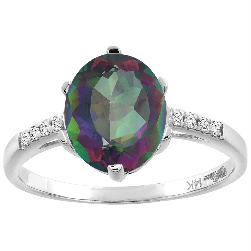 14K White Gold Natural Mystic Topaz & Diamond Ring Oval 10x8 mm, sizes 5-10