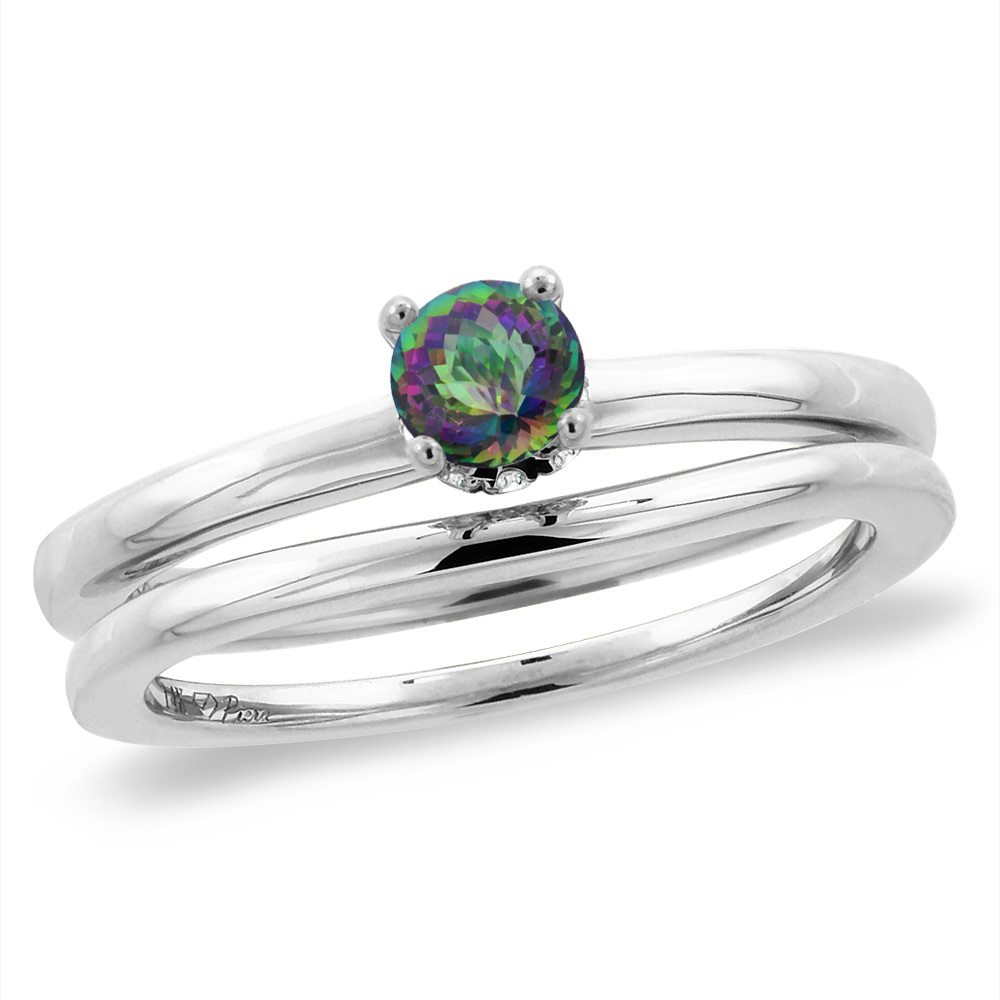 14K White Gold Diamond Natural Mystic Topaz 2pc Solitaire Engagement Ring Set Round 6 mm, sz 5-10