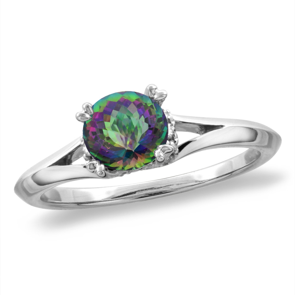 14K White/Yellow Gold Diamond Natural Mystic Topaz Solitaire Engagement Ring Round 6 mm, sz 5-10