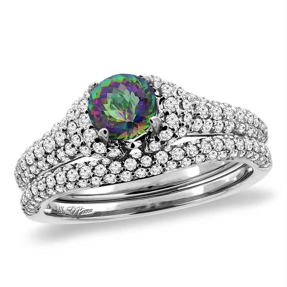 14K White Gold Diamond Natural Mystic Topaz 2pc Engagement Ring Set Round 5 mm, sizes 5-10