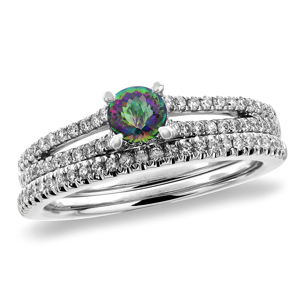 14K White Gold Diamond Natural Mystic Topaz 2pc Engagement Ring Set Round 5 mm, sizes 5-10