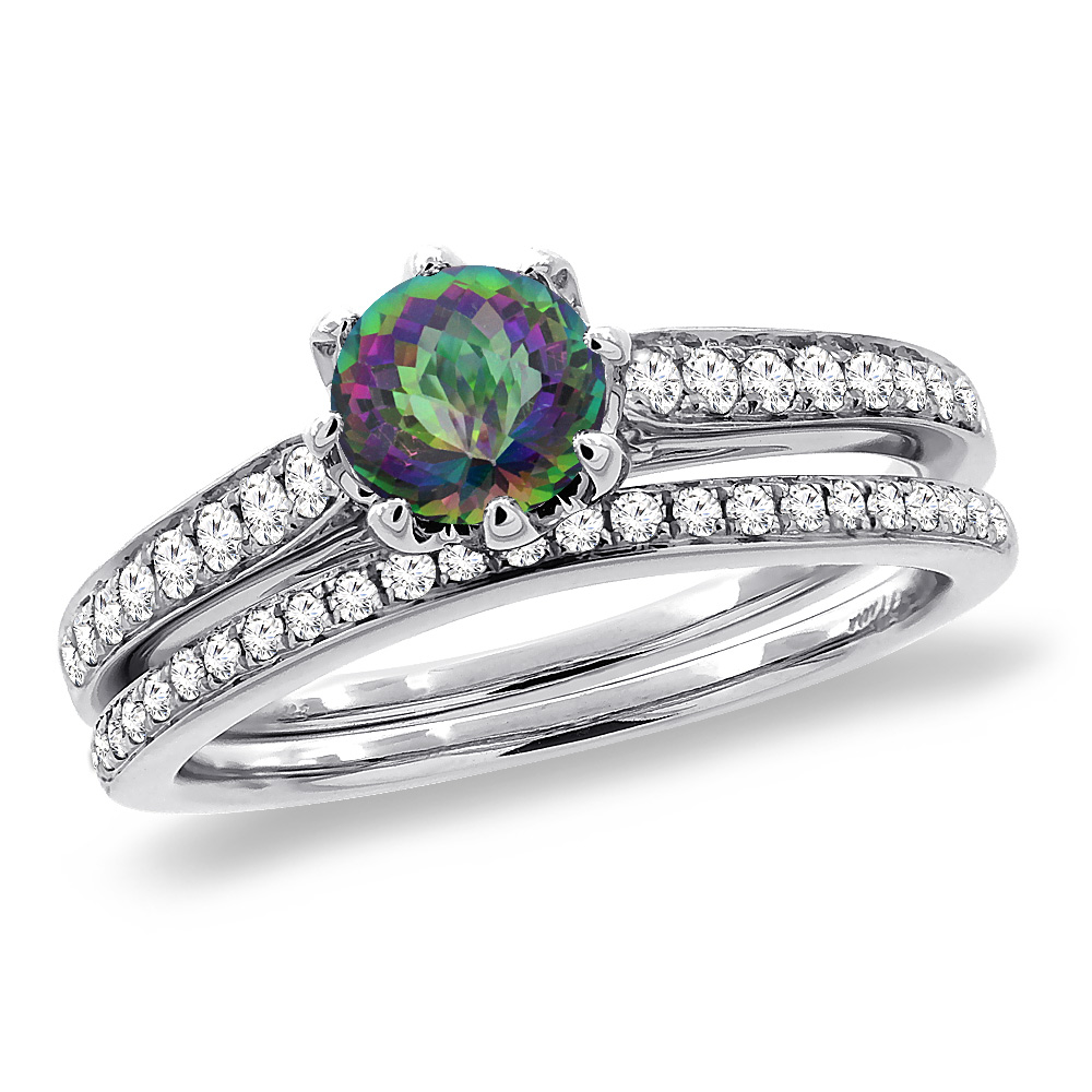 14K White Gold Diamond Natural Mystic Topaz 2pc Engagement Ring Set Round 5 mm, sizes 5-10