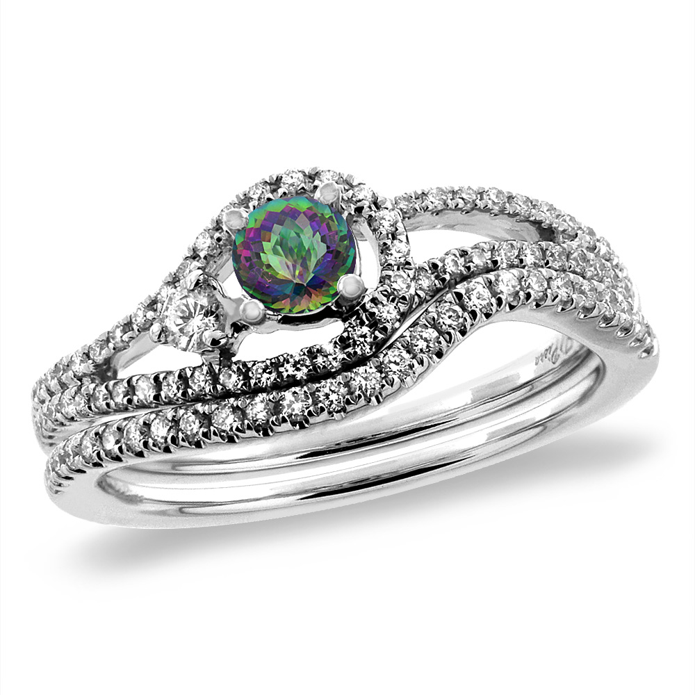 14K White Gold Diamond Natural Mystic Topaz 2pc Engagement Ring Set Round 5 mm, sizes 5-10