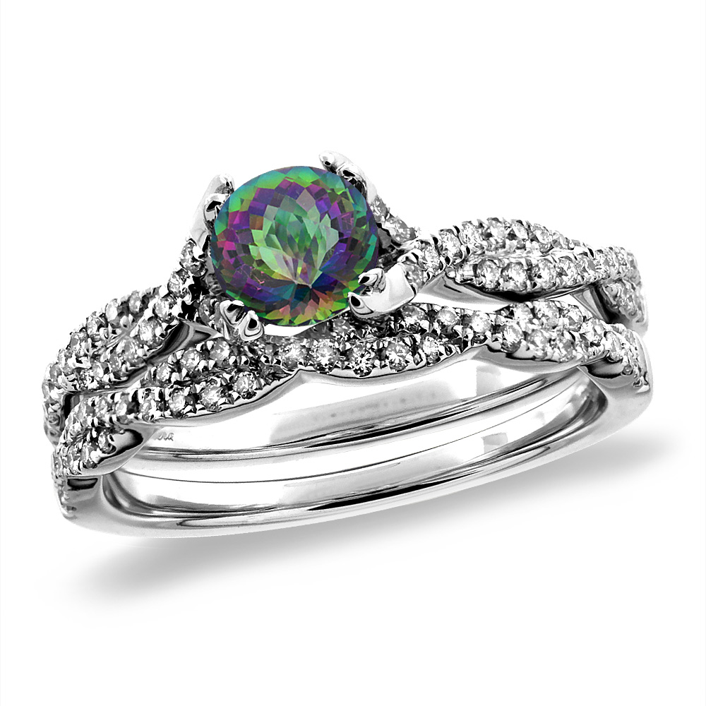 14K White/Yellow Gold Diamond Natural Mystic Topaz 2pc Infinity Engagement Ring Set Round 5 mm, sizes 5-10