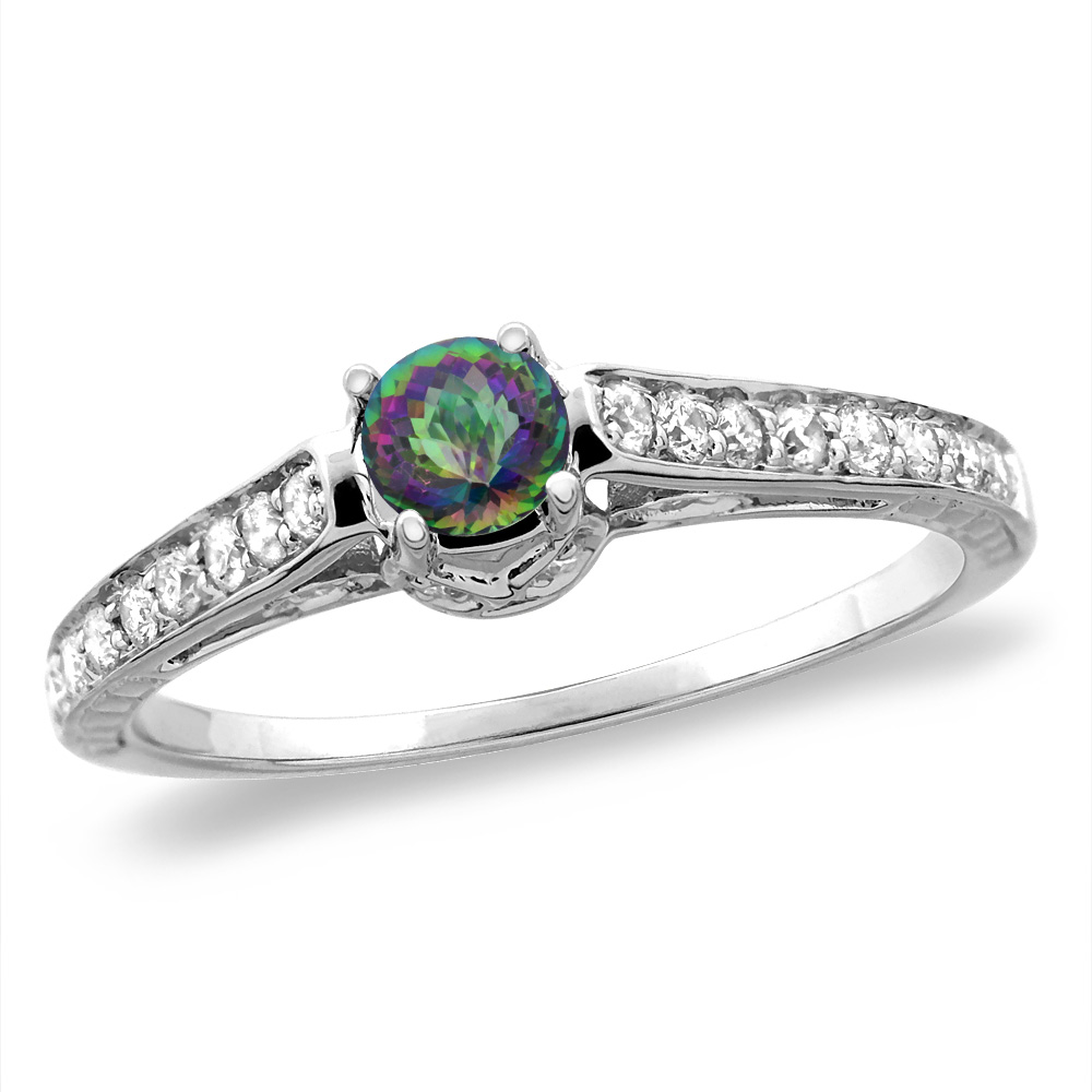 14K White/Yellow Gold Diamond Natural Mystic Topaz Engagement Ring Round 5 mm, sizes 5-10