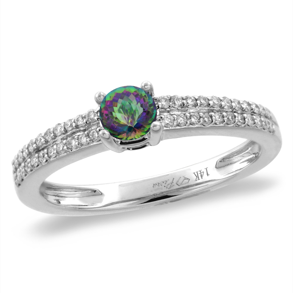 14K White/Yellow Gold Diamond Natural Mystic Topaz Engagement Ring Round 5 mm, sizes 5-10
