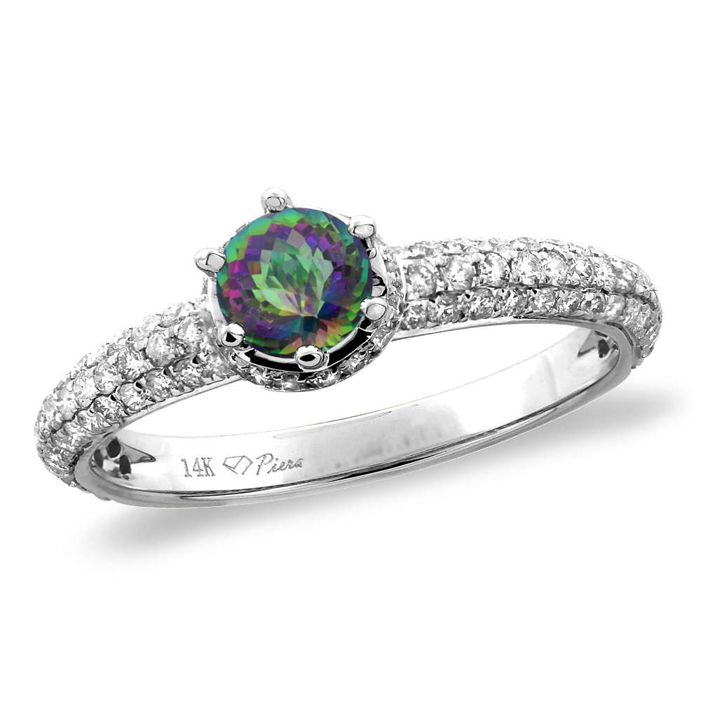 14K White/Yellow Gold Diamond Natural Mystic Topaz Engagement Ring Round 5 mm, sizes 5-10