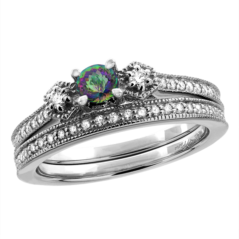 14K White/Yellow Gold Diamond Natural Mystic Topaz 2pc Engagement Ring Set Round 4 mm, sizes 5 - 10