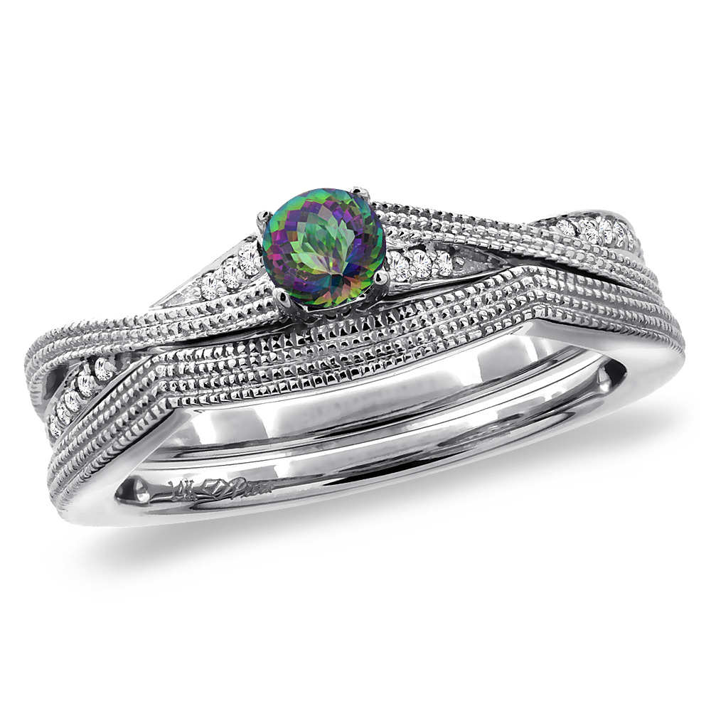 14K White Gold Diamond Natural Mystic Topaz 2pc Engagement Ring Set Round 4 mm, sizes 5 - 10