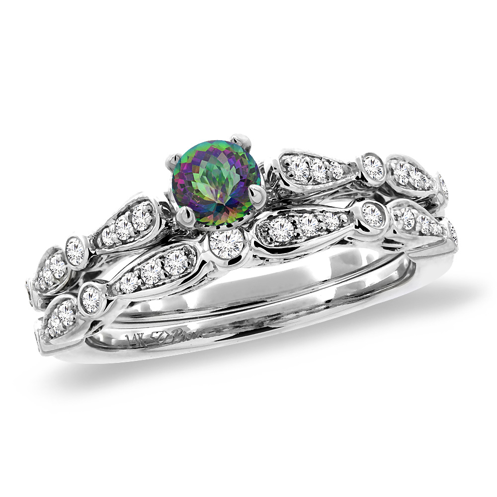 14K White Gold Diamond Natural Mystic Topaz 2pc Engagement Ring Set Round 4 mm, size5-10