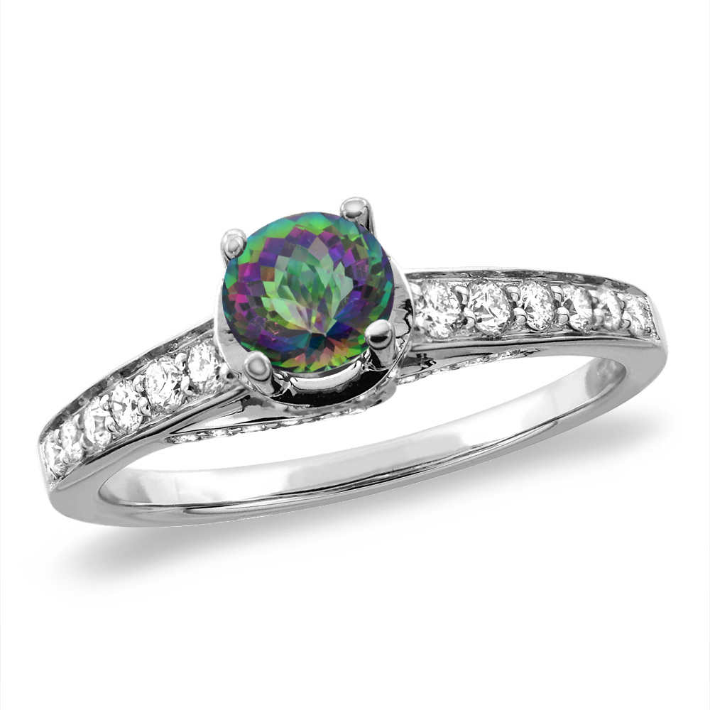 14K White/Yellow Gold Diamond Natural Mystic Topaz Engagement Ring Round 4 mm, sizes 5 -10