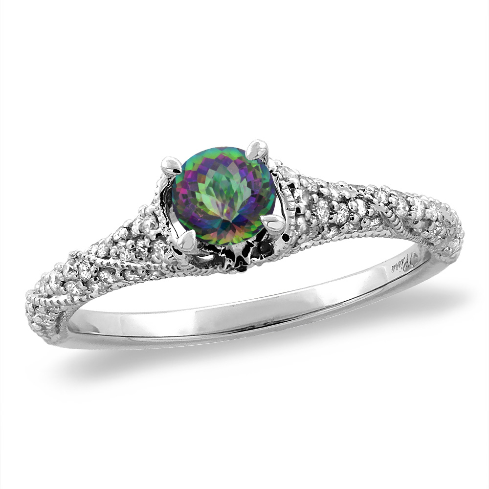 14K White/Yellow Gold Diamond Natural Mystic Topaz Engagement Ring Round 4 mm, sizes 5 -10
