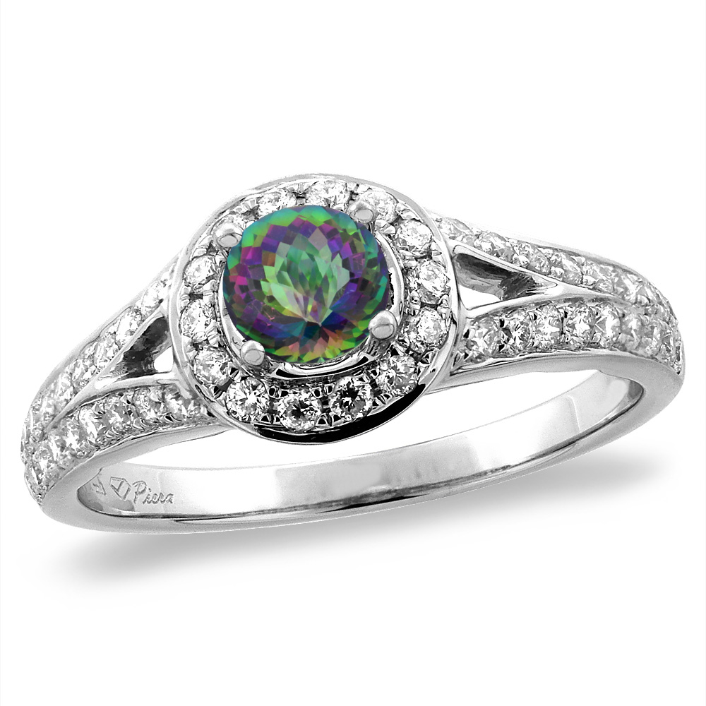 14K White/Yellow Gold Diamond Natural Mystic Topaz Halo Engagement Ring Round 4 mm, sizes 5 -10