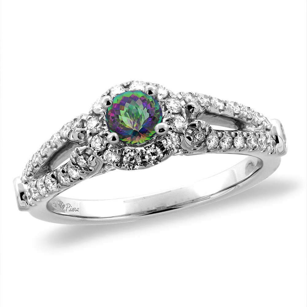 14K White/Yellow Gold Diamond Natural Mystic Topaz Halo Engagement Ring Round 4 mm, sizes 5 -10