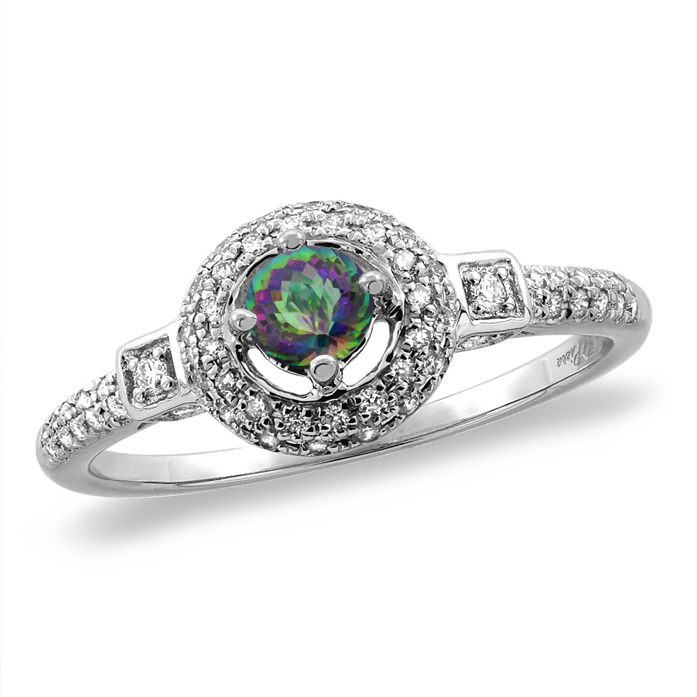 14K White/Yellow Gold Diamond Natural Mystic Topaz Halo Engagement Ring Round 4 mm, sizes 5 -10