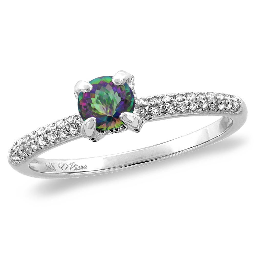14K White/Yellow Gold Diamond Natural Mystic Topaz Solitaire Engagement Ring Round 4 mm, sizes 5 -10