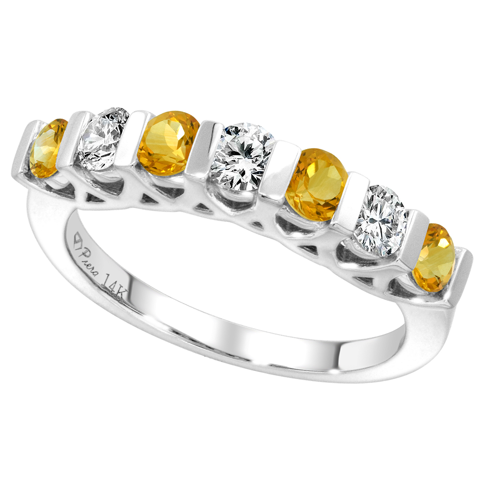 14k White Gold Genuine Citrine and Diamond 7-Stone Ring Round Brilliant cut 0.35cttw 3mm, size 5-10