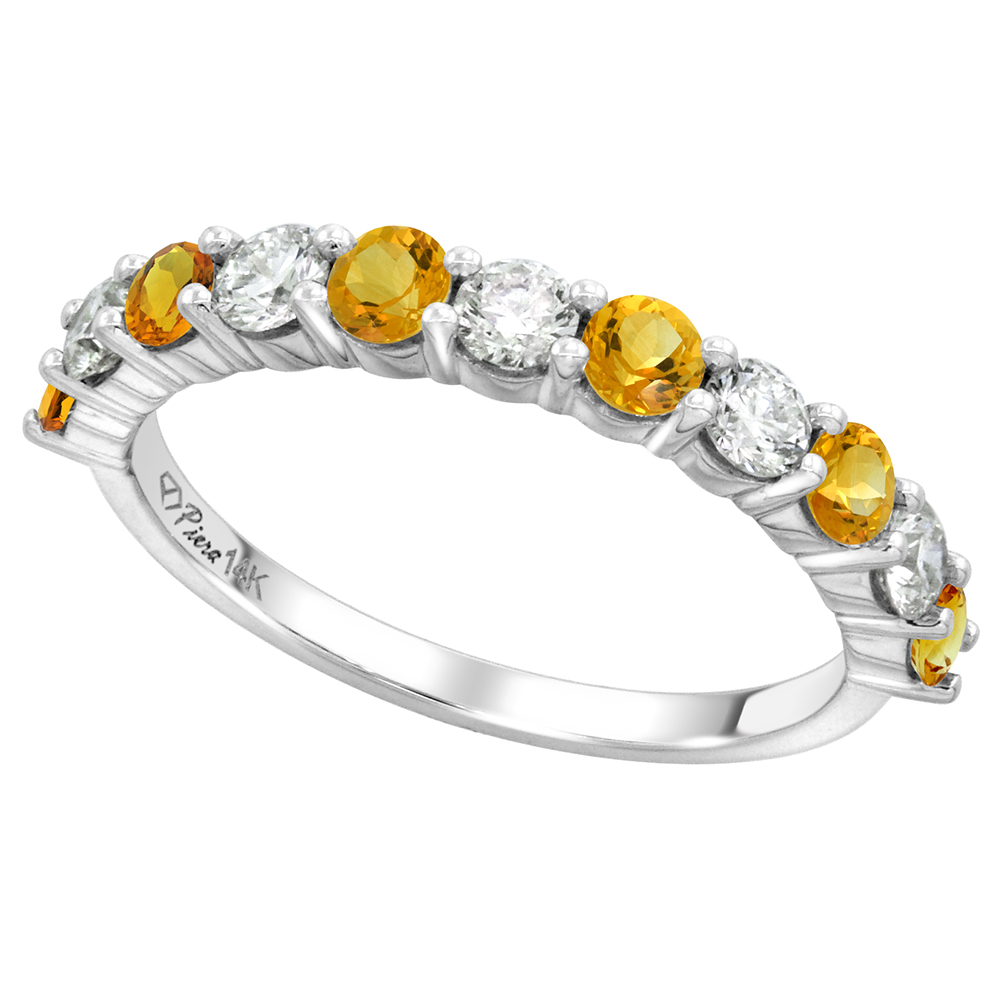 14k White Gold Genuine Citrine & Diamond 11 Stone Ring Round Brilliant cut 0.6ct 3mm, size 5-10