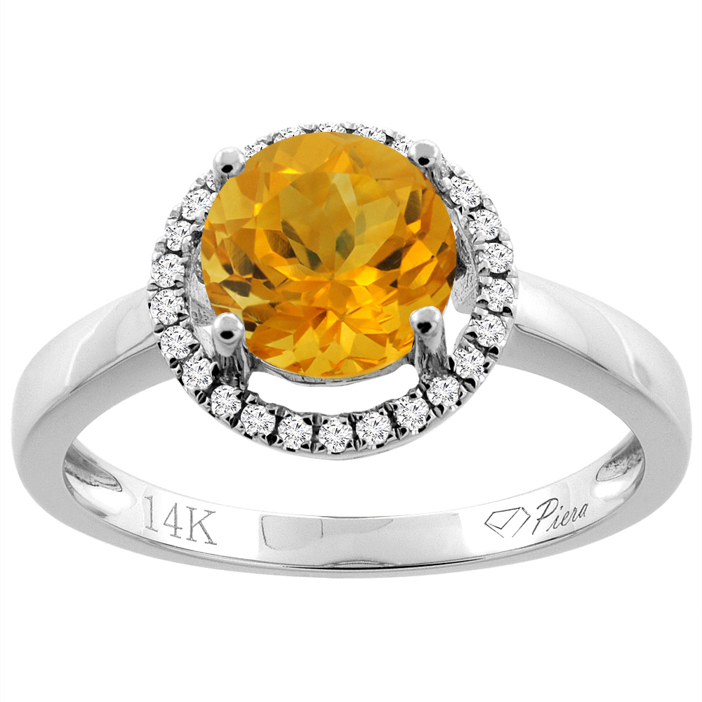 14K Gold Natural Citrine Ring Round 7 mm Diamond Accents, sizes 5 - 10