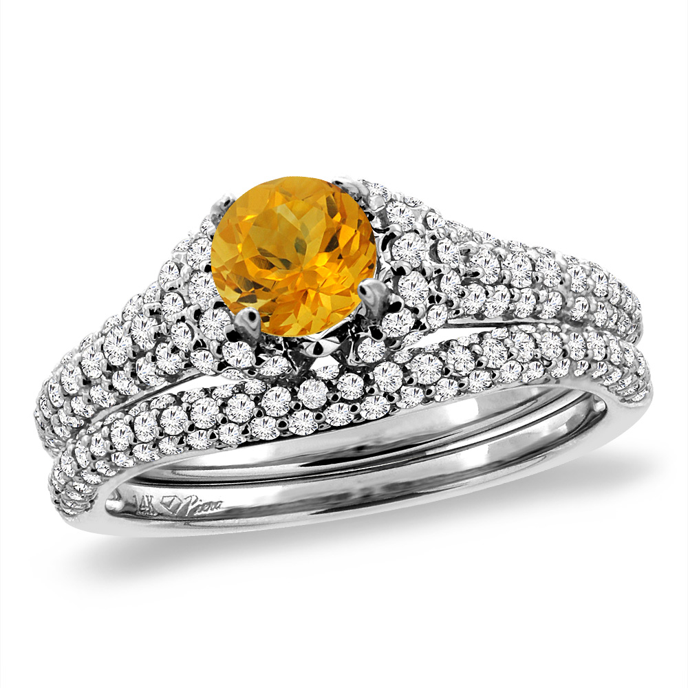 14K White Gold Diamond Natural Citrine 2pc Engagement Ring Set Round 5 mm, sizes 5-10