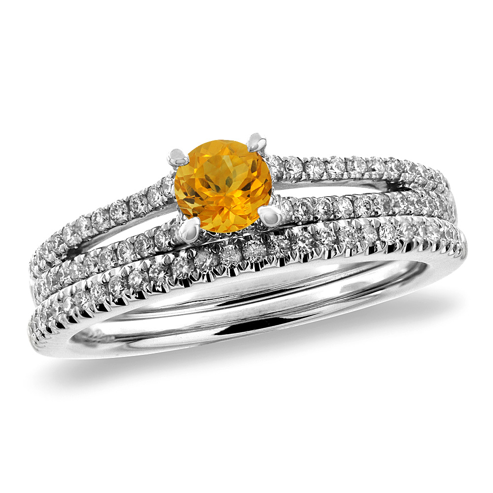 14K White Gold Diamond Natural Citrine 2pc Engagement Ring Set Round 5 mm, sizes 5-10