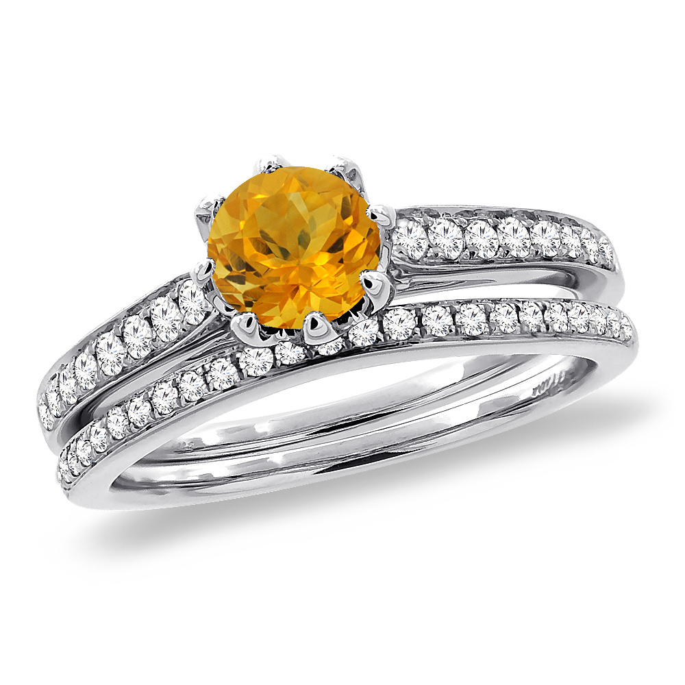 14K White Gold Diamond Natural Citrine 2pc Engagement Ring Set Round 5 mm, sizes 5-10