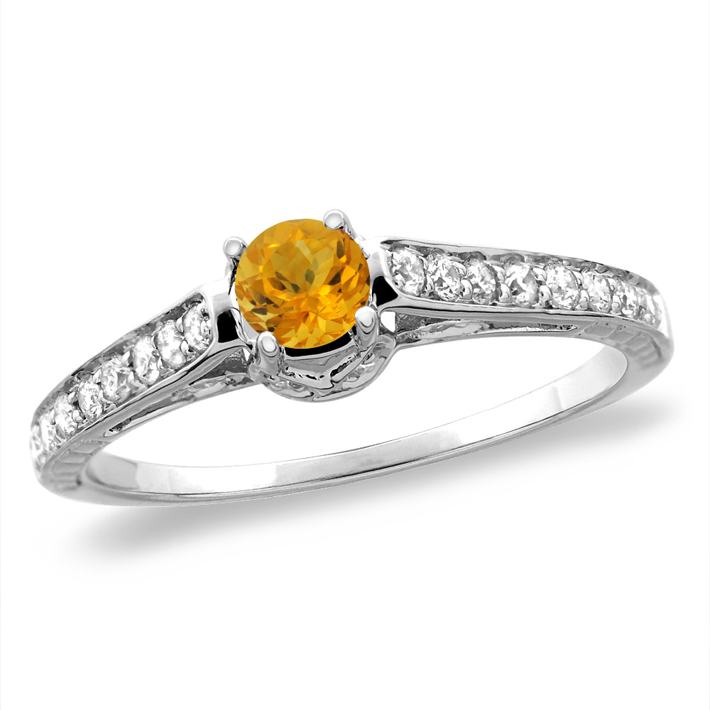 14K White/Yellow Gold Diamond Natural Citrine Engagement Ring Round 5 mm, sizes 5-10