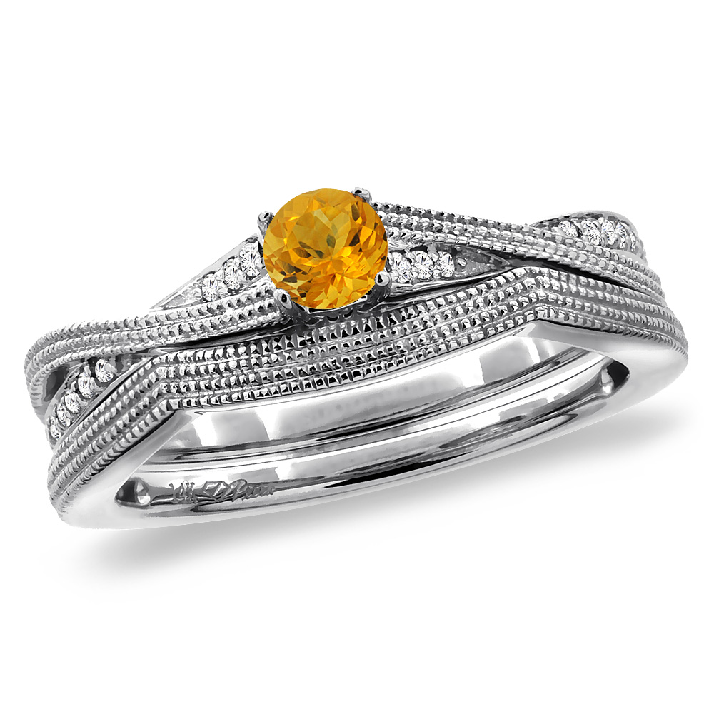 14K White Gold Diamond Natural Citrine 2pc Engagement Ring Set Round 4 mm, sizes 5 - 10